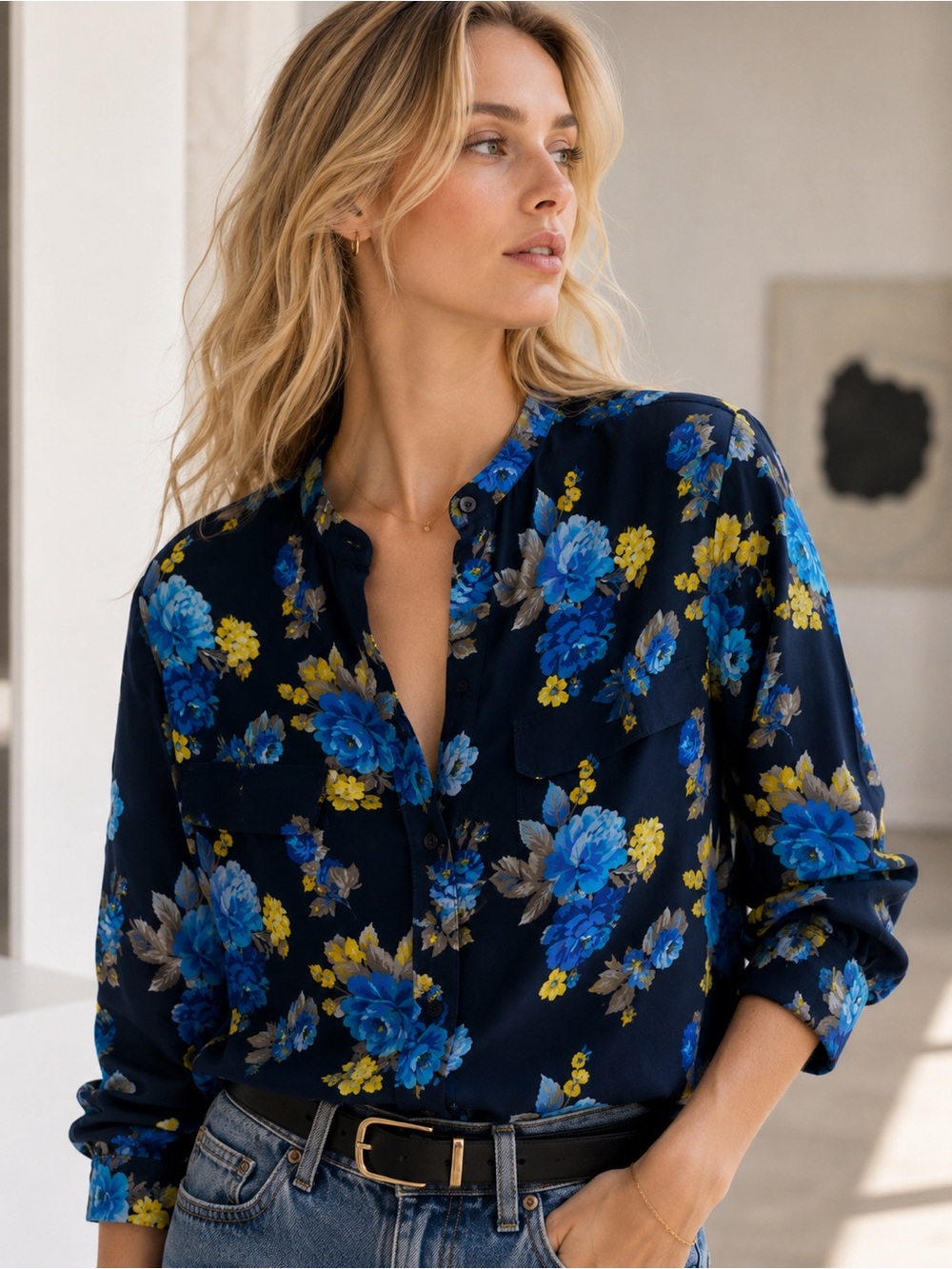 Equipment Femme Silk Navy Blue Floral Signature Blouse | M